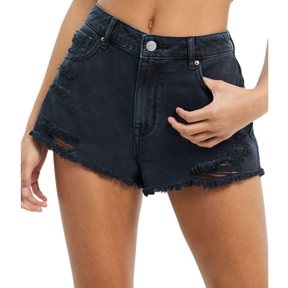 PacSun High Rise Festival Jean Shorts Distressed Raw Hem Cheeky Black Wash 26"